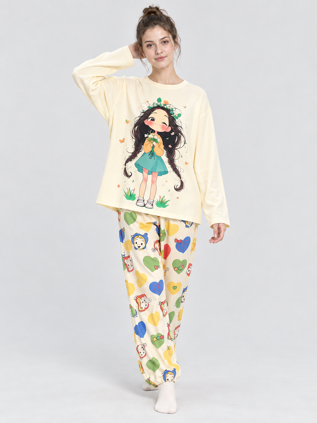 Pajama Set with Cartoon Print and Hearts