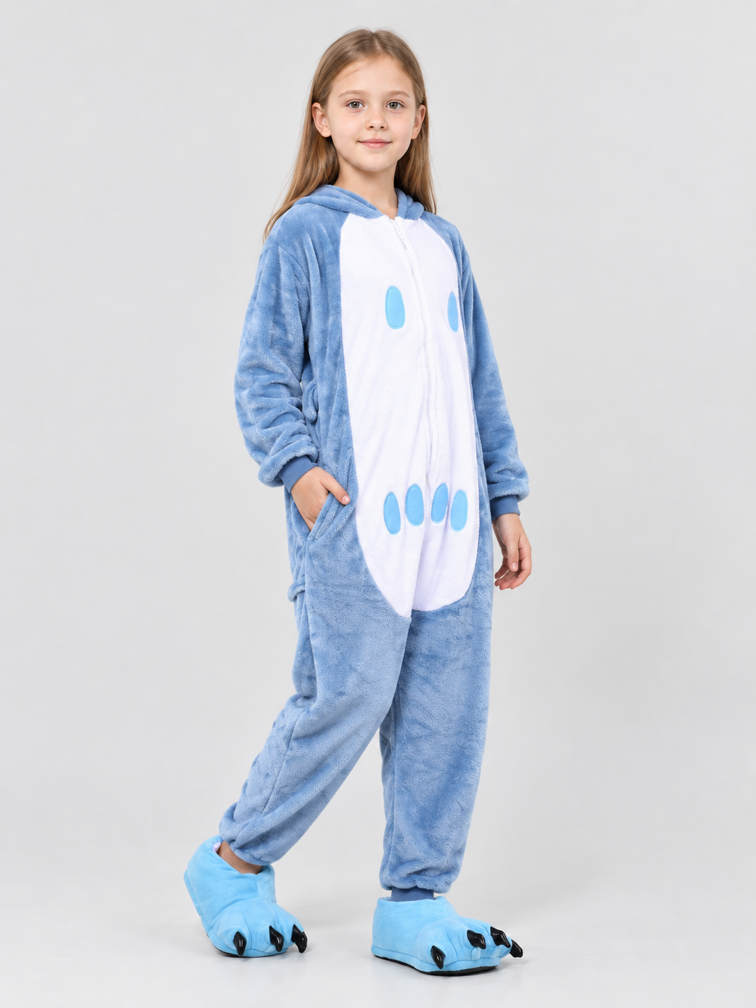 Blue and White Flannel Pajama Jumpsuit with Pockets