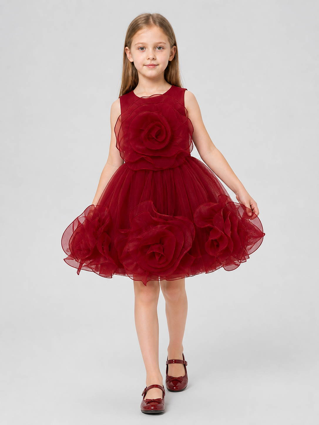 Burgundy Puffed Dress with a Layered Skirt and 3D Flowers Costume Dresses detail 2