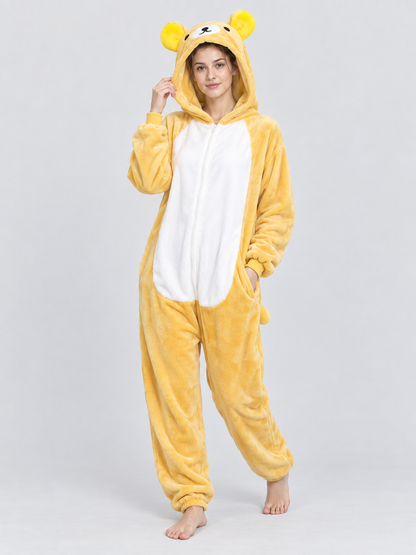 Yellow Flannel Hooded Pajama Jumpsuit with Ears