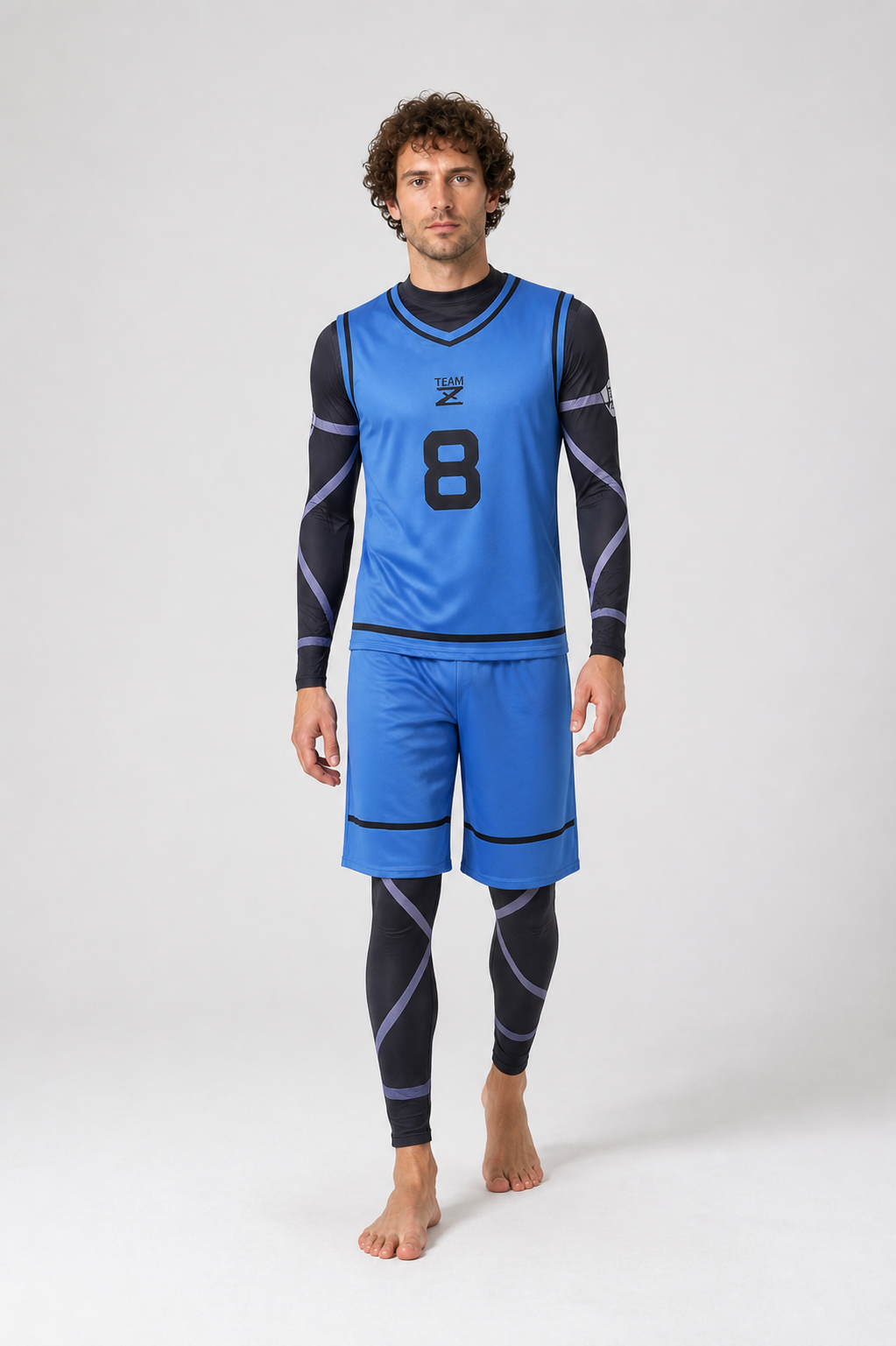 Blue Lock cosplay costume, blue, with number 8 and stripes Costumes detail