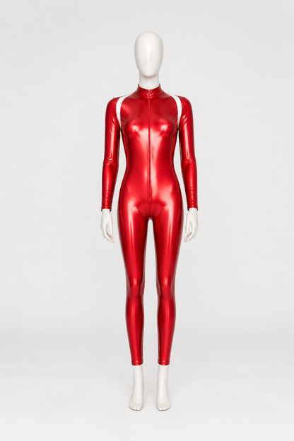 Red Jumpsuit with Zipper, Collar, and Sleeves product detail 2