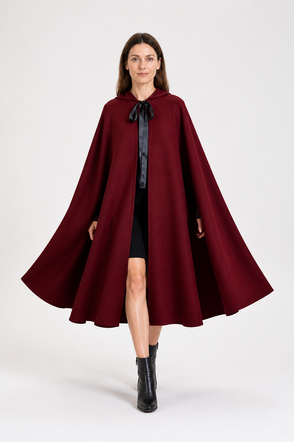 Wine-Colored Hooded Cape with Black Ties for Halloween on-model alternate view