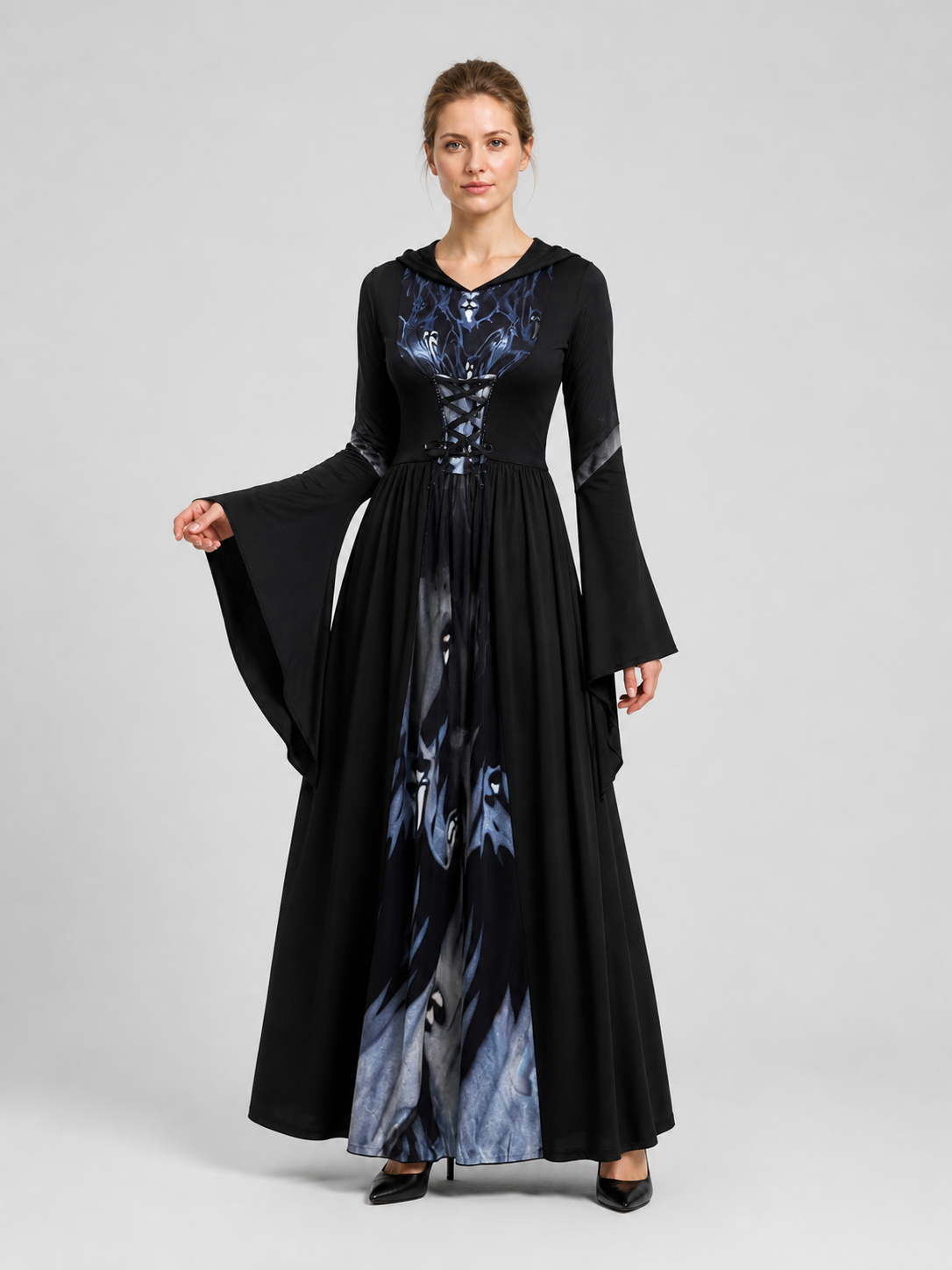Halloween Witch Dress with Hood and Skeleton Design Costume Dresses detail 2