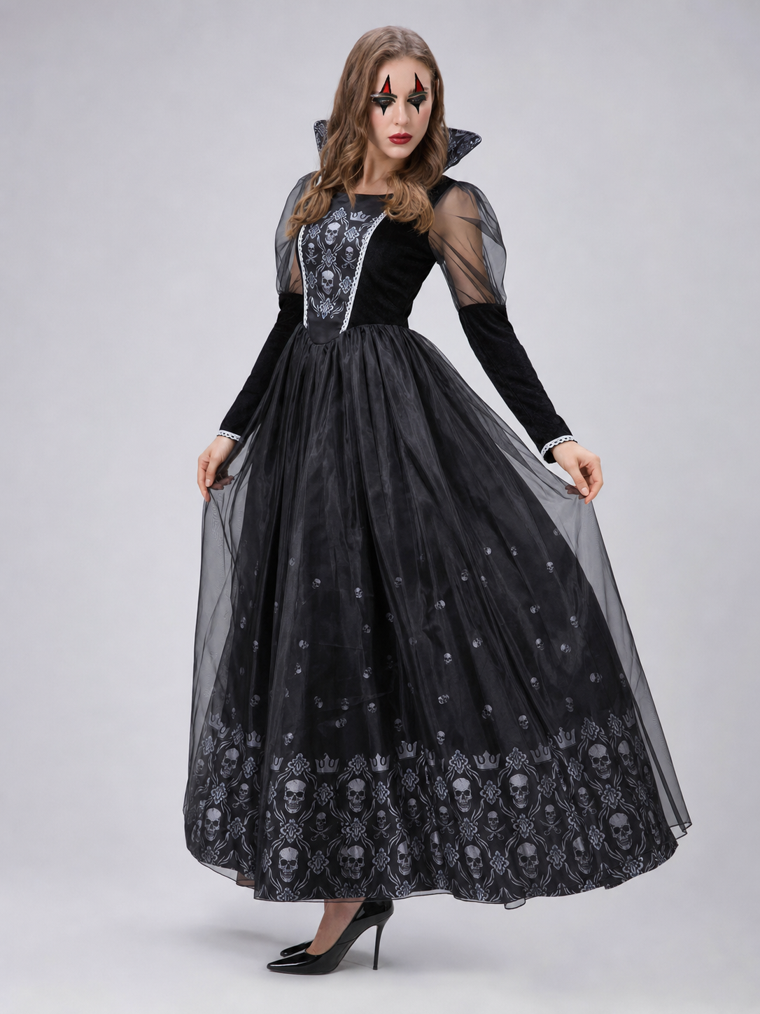Gothic Dress with Sheer Sleeves and Skulls Costume Dresses detail