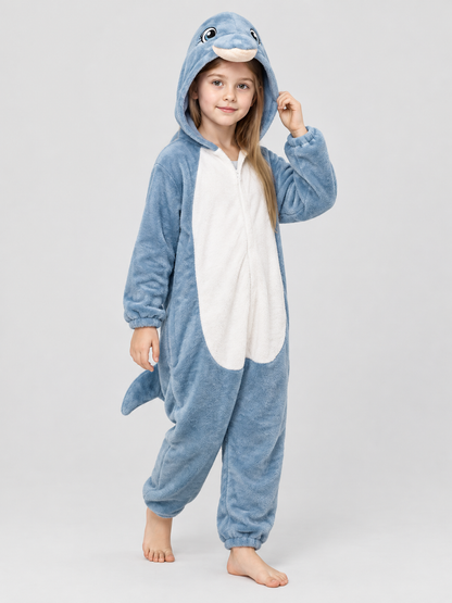 Blue Fleece Pajama One-Piece with Dolphin Hood