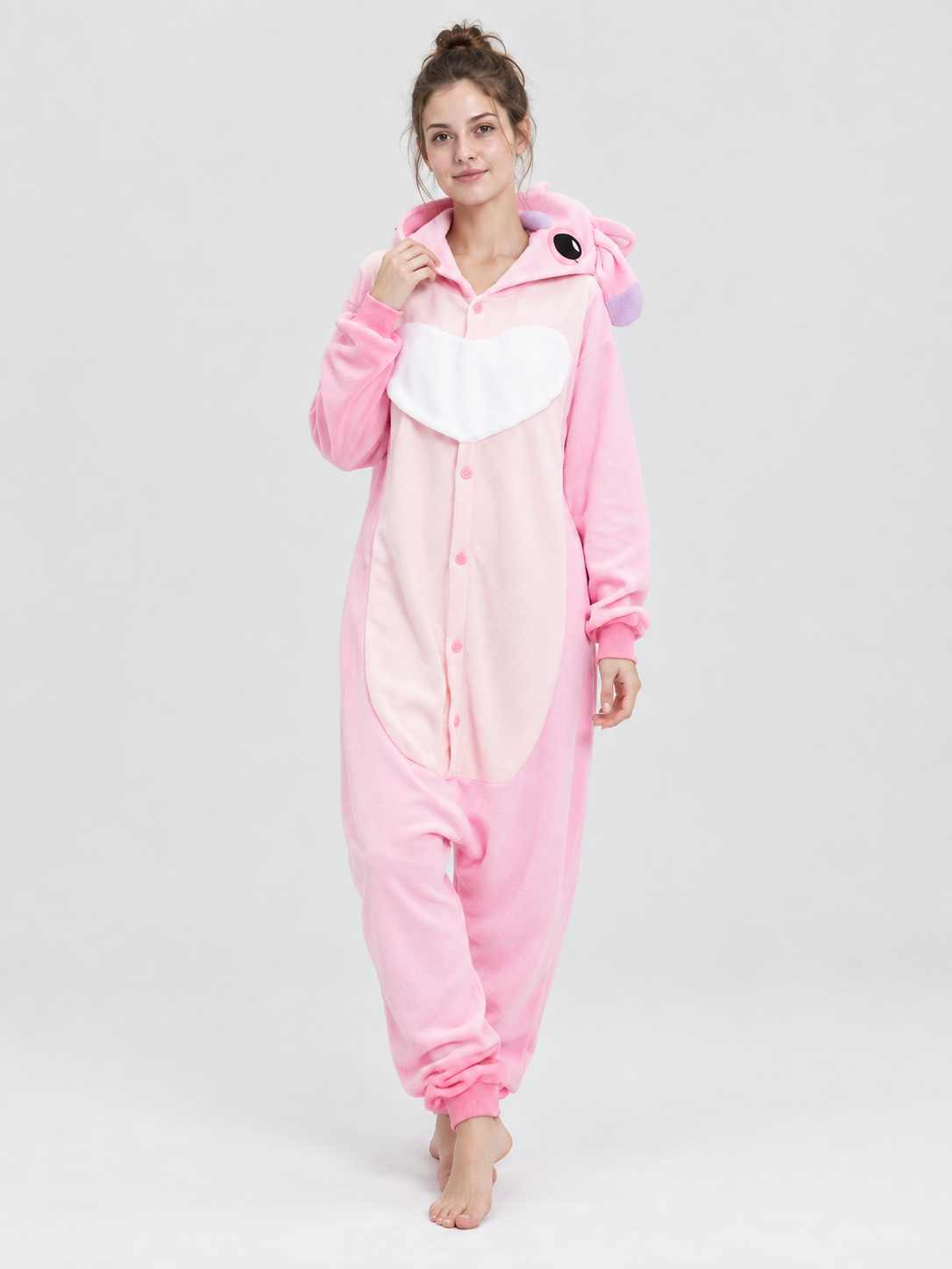 Pink Fleece Pajama Jumpsuit with Hood and Ears