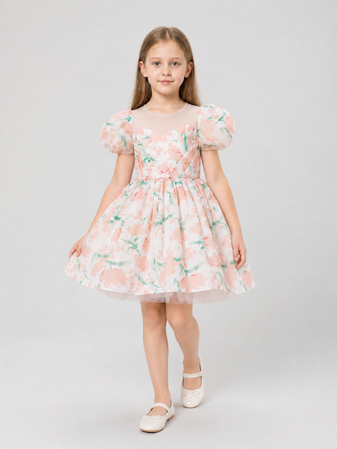 Princess Dress for Girls with Floral Print and Bow