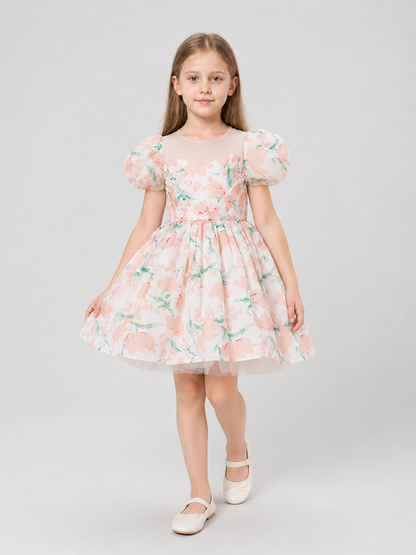 Princess Dress for Girls with Floral Print and Bow