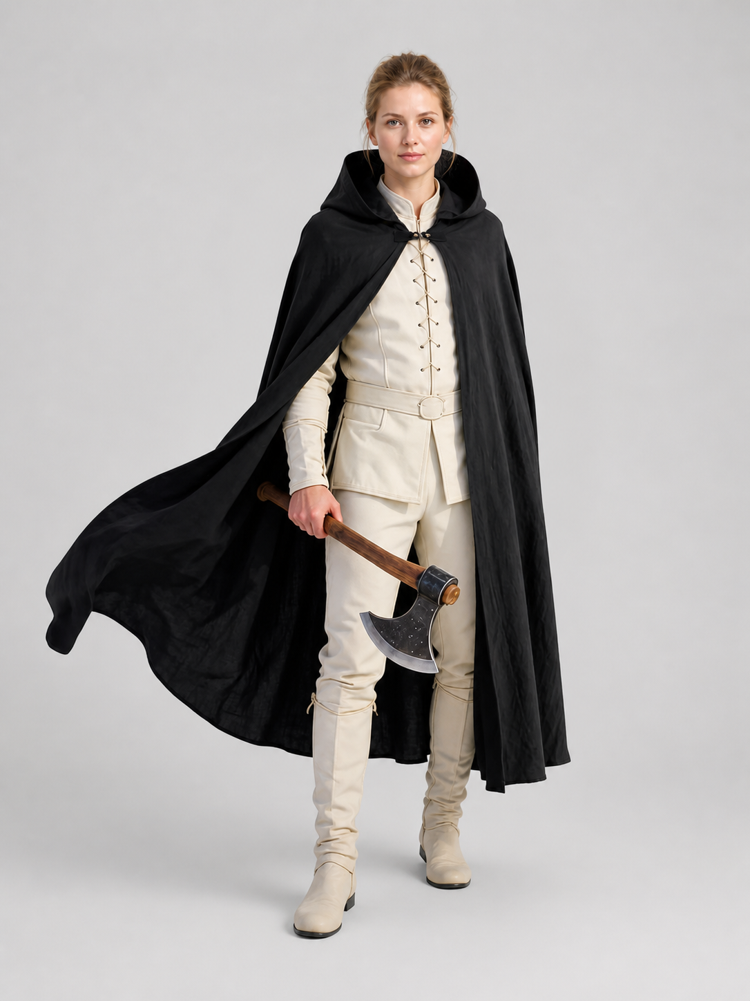Black Long Hooded Cotton-Linen Cloak Costume Capes detail 2
