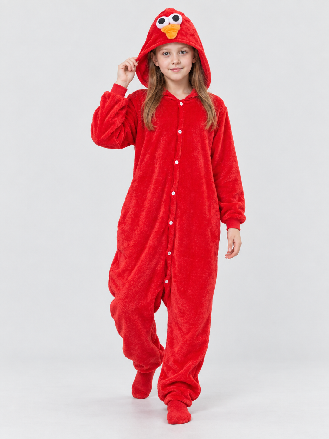 Red Flannel Kigurumi Jumpsuit with Bird Hood