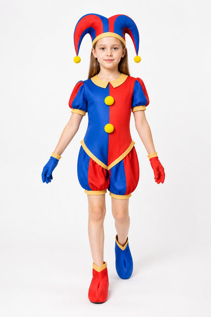 Red-and-Blue Pomni Clown Jumpsuit with Yellow Pom-Poms product detail 2