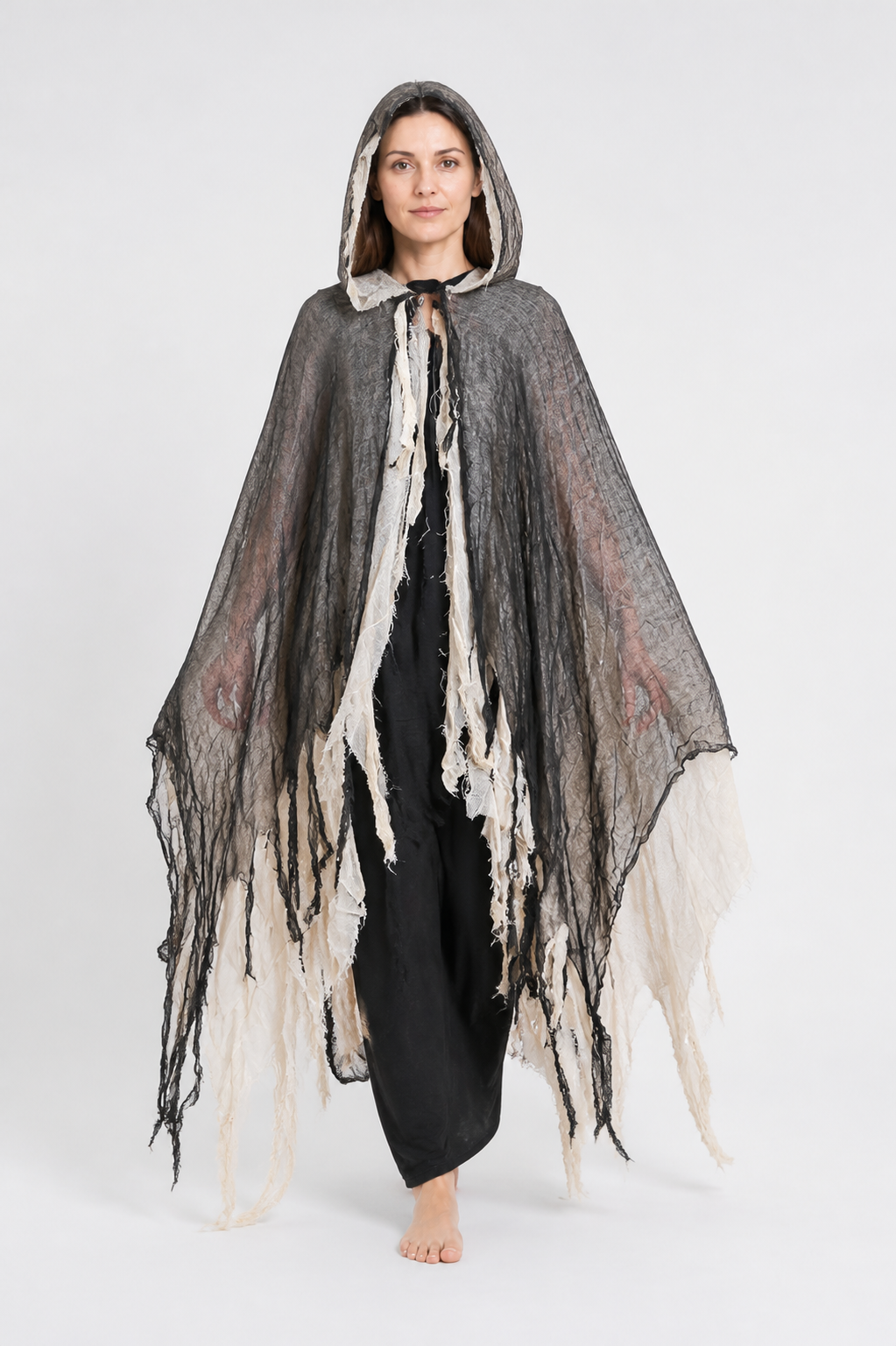Tattered Black-and-White Hooded Cloak for Halloween Costume Capes detail 2