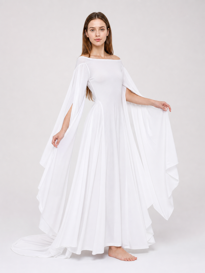 White Dress with a Square Neckline and Wide Sleeves
