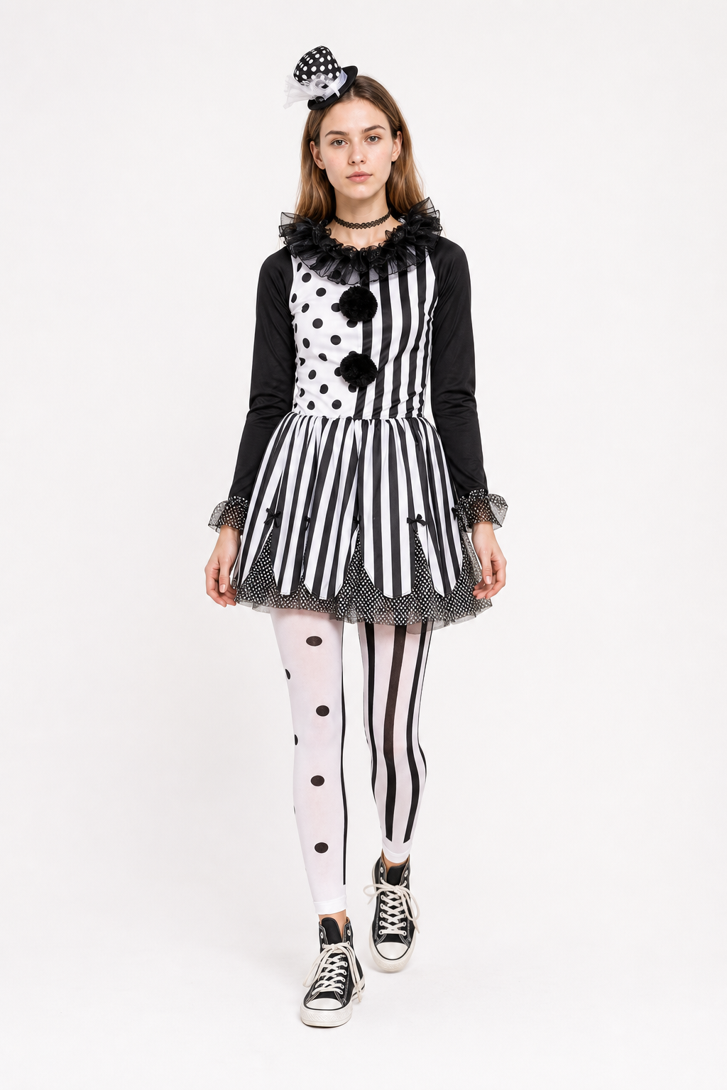 Polka Dot and Striped Clown Costume with Pom-Poms Costumes detail 2
