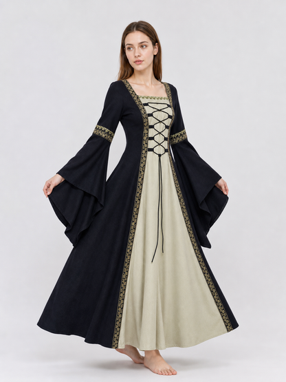 Medieval-style dress with flared sleeves, lacing, and decorative trim. The design is made in black with a cream-colored center panel and golden floral elements along the edges and on the cuffs. The open front layer frames the light-colored 