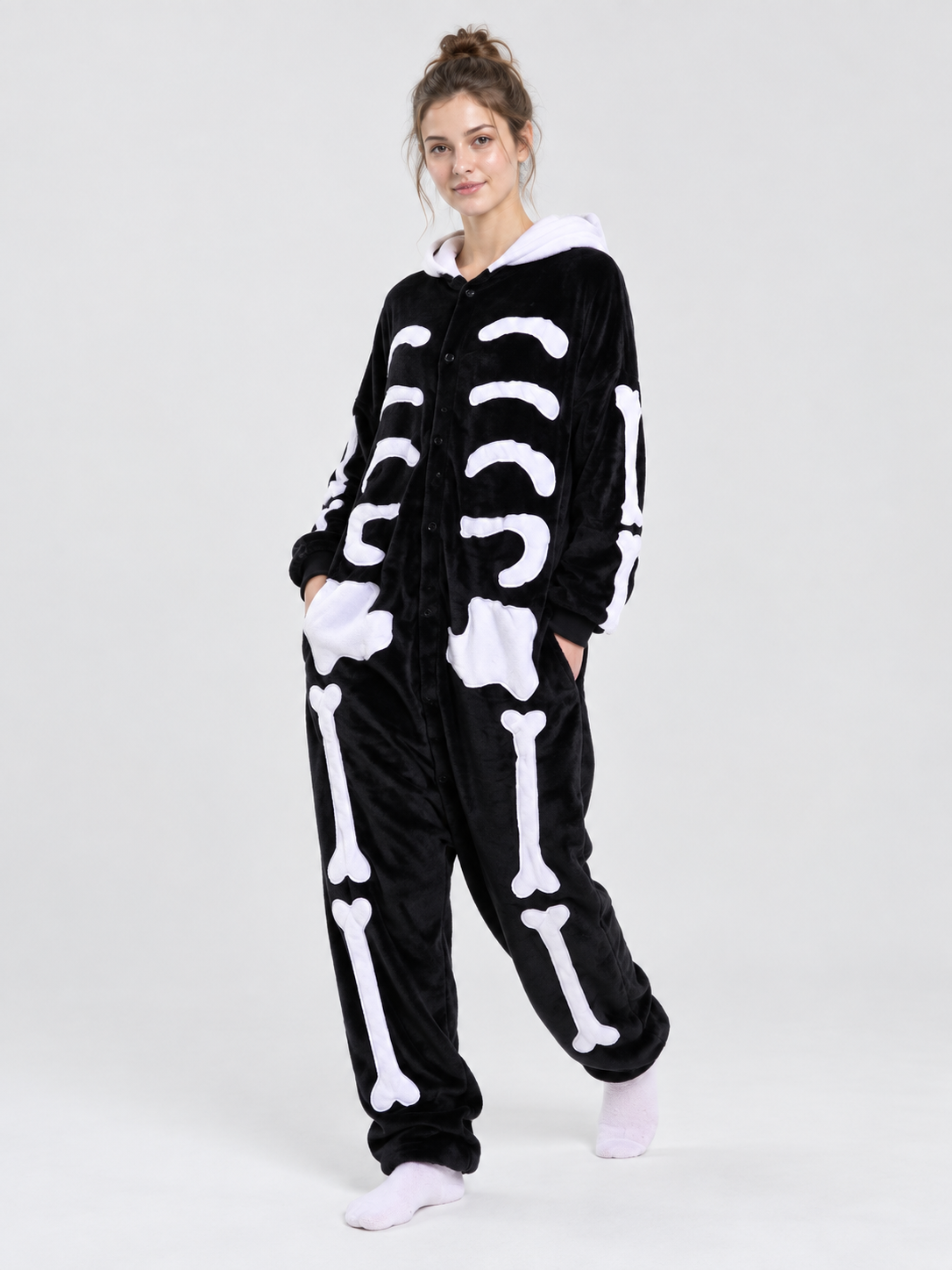 Black Hooded Pajama Jumpsuit with Bone Print