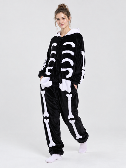 Black Hooded Pajama Jumpsuit with Bone Print