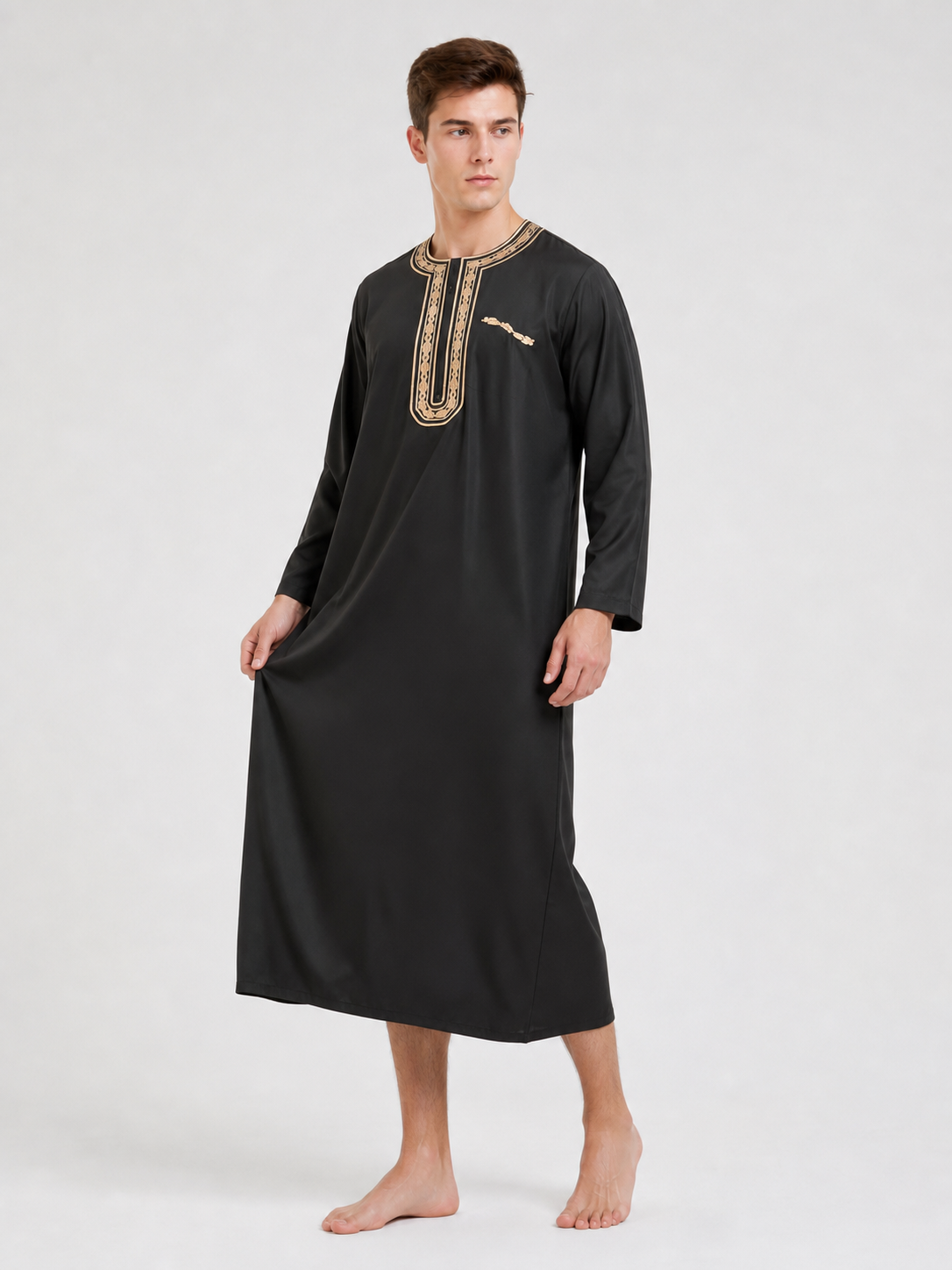 Long Black Abaya with Gold Collar Trim