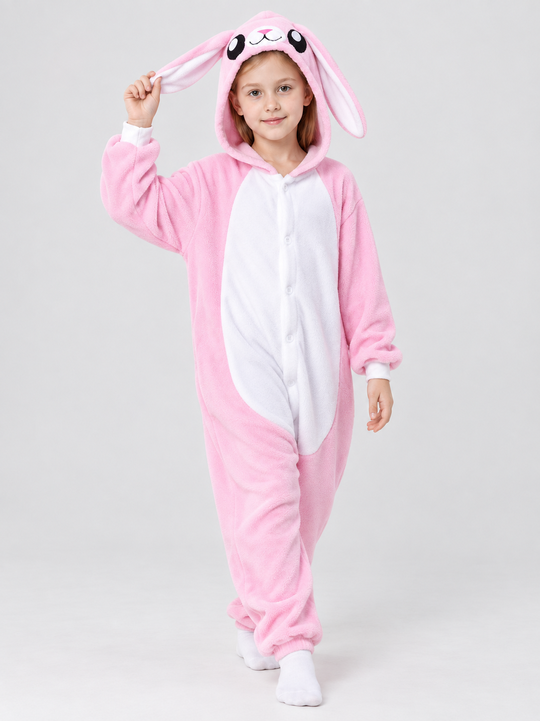 Pink Flannel Kigurumi Pajama with Bunny Ears