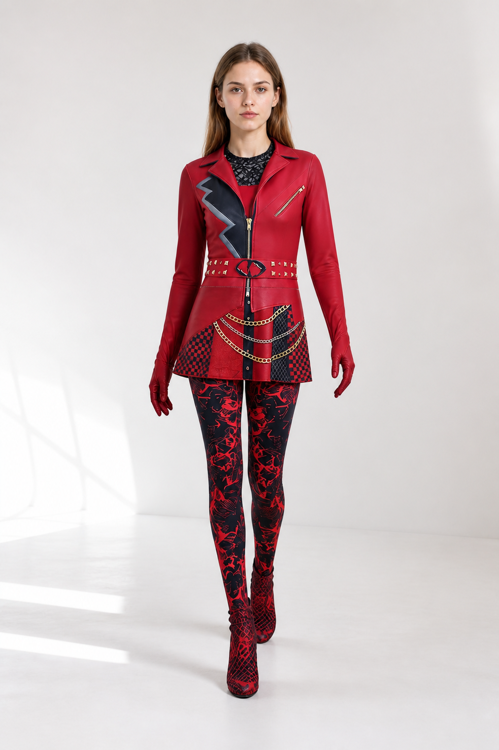 Red and Black Carnival Jumpsuit with Print and Zipper