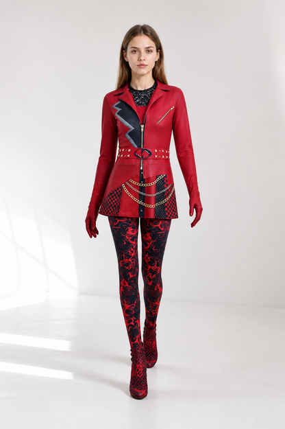 Red and Black Carnival Jumpsuit with Print and Zipper