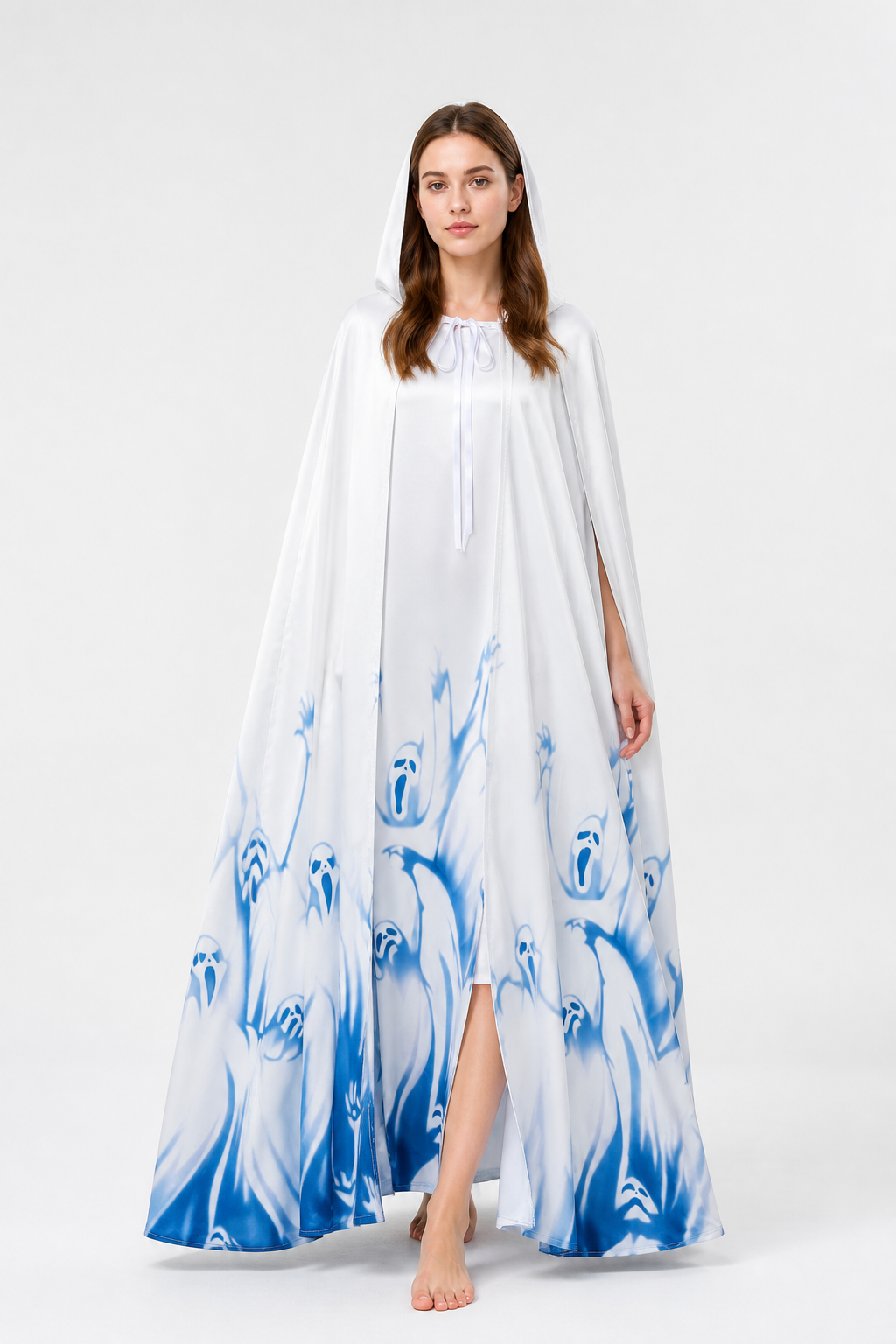 Long Hooded Robe, White with Blue Print product detail