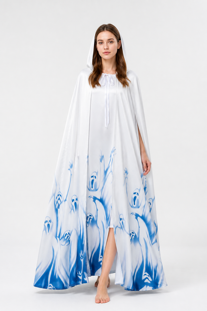 Long Hooded Robe, White with Blue Print product detail