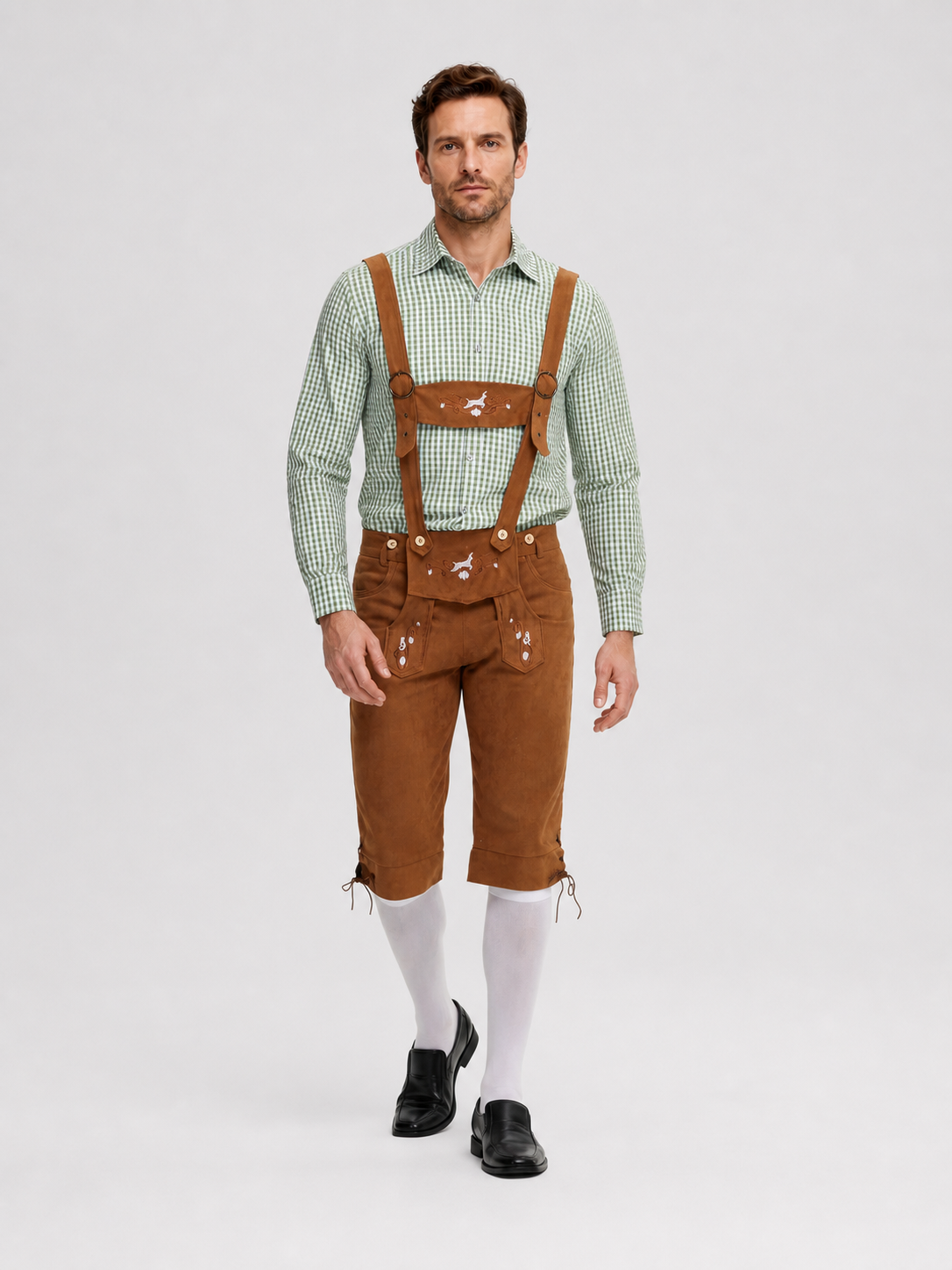Plaid Folk Costume with Embroidery and Suspenders Costumes detail 2