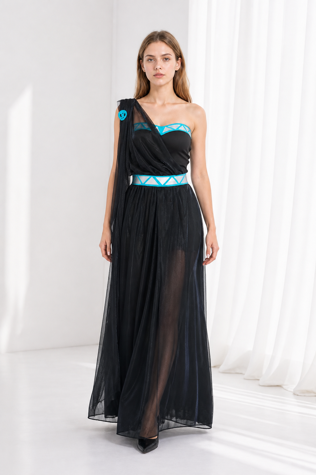 Asymmetrical One-Shoulder Long Black Dress for Cosplay Costume Dresses detail 2