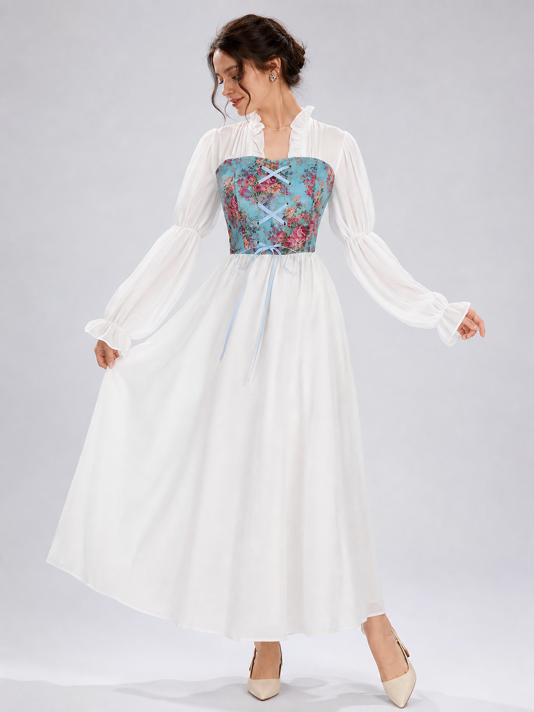 Retro Long-Sleeve Lace-Up Dress Costume Dresses detail 2