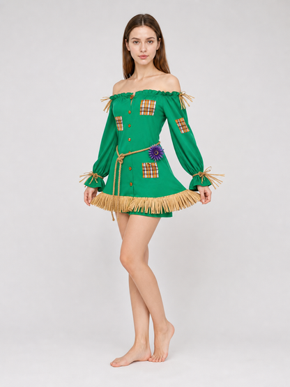 Scarecrow Costume with Hat, Dress, Pants, and Fringe