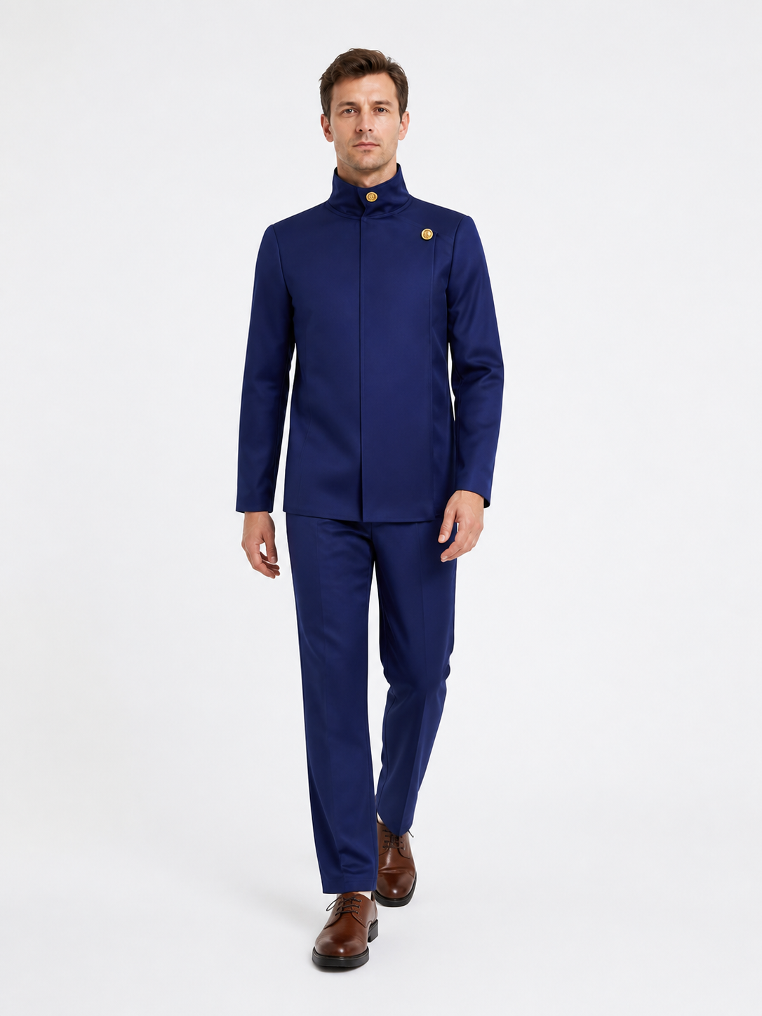 Jujutsu Kaisen Costume, Blue with Gold Buttons on-model alternate view
