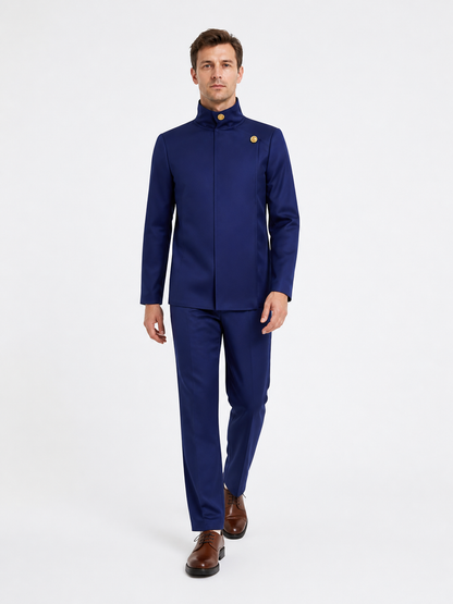Jujutsu Kaisen Costume, Blue with Gold Buttons on-model alternate view