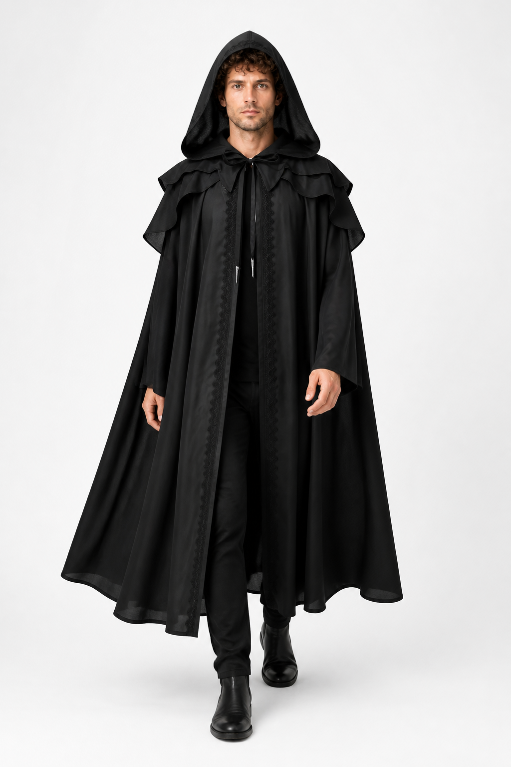 Black Medieval Hooded Cape with Ruffles Costume Capes detail 2