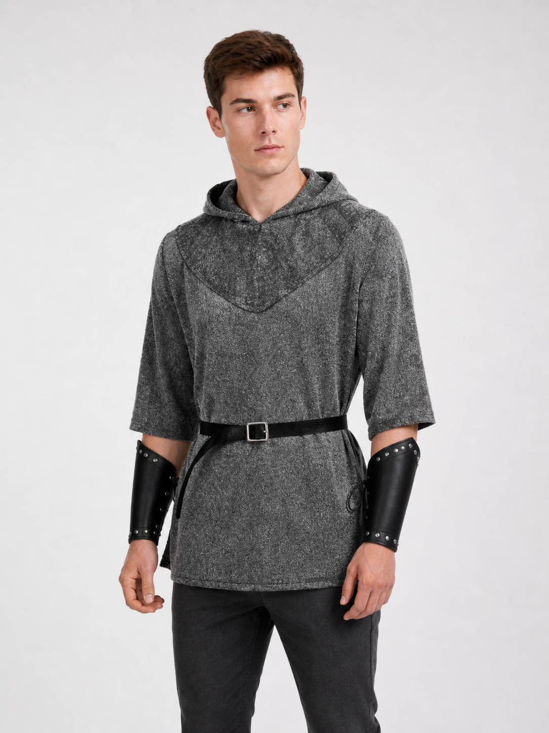 Medieval Warrior Cosplay Costume Set, 6-Piece Hooded Top, Pants, Boots, Arm Guards, Leg Guards And Sword For Role Play Performance