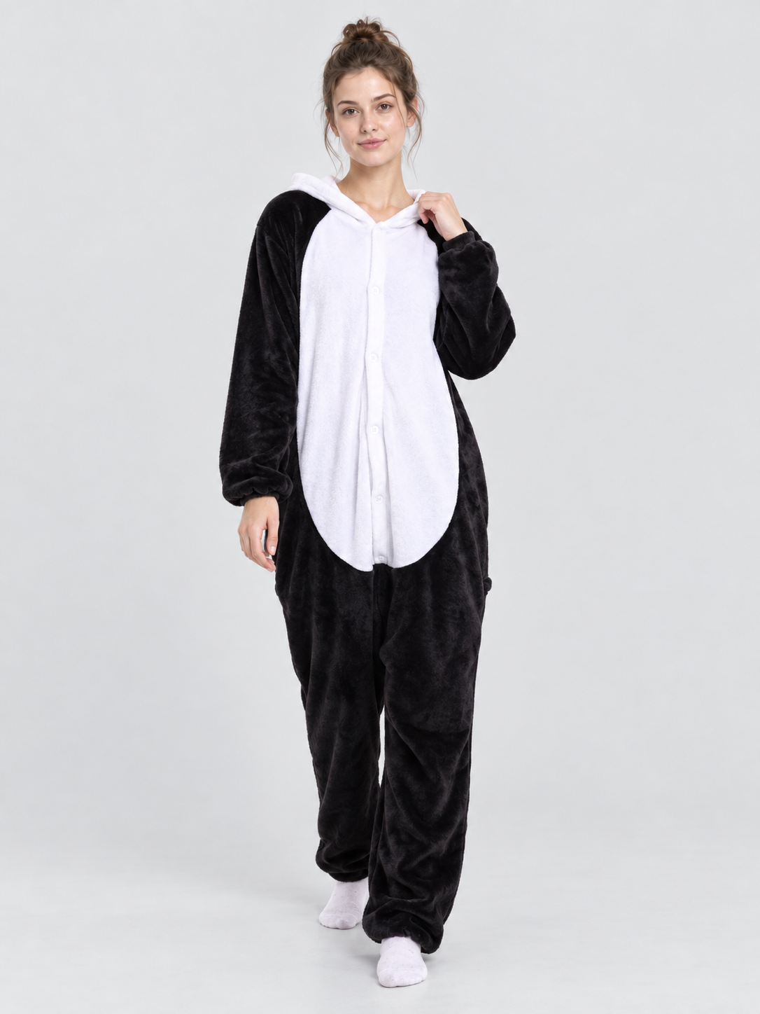 Black and White Fleece Kigurumi Pajama with Hood and Tail