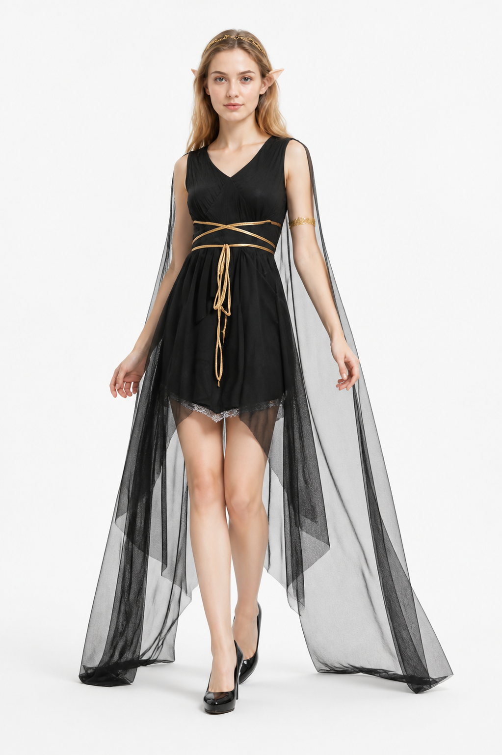 Greek Goddess Costume with Cape, Black with Gold Belt Costume Capes detail 2