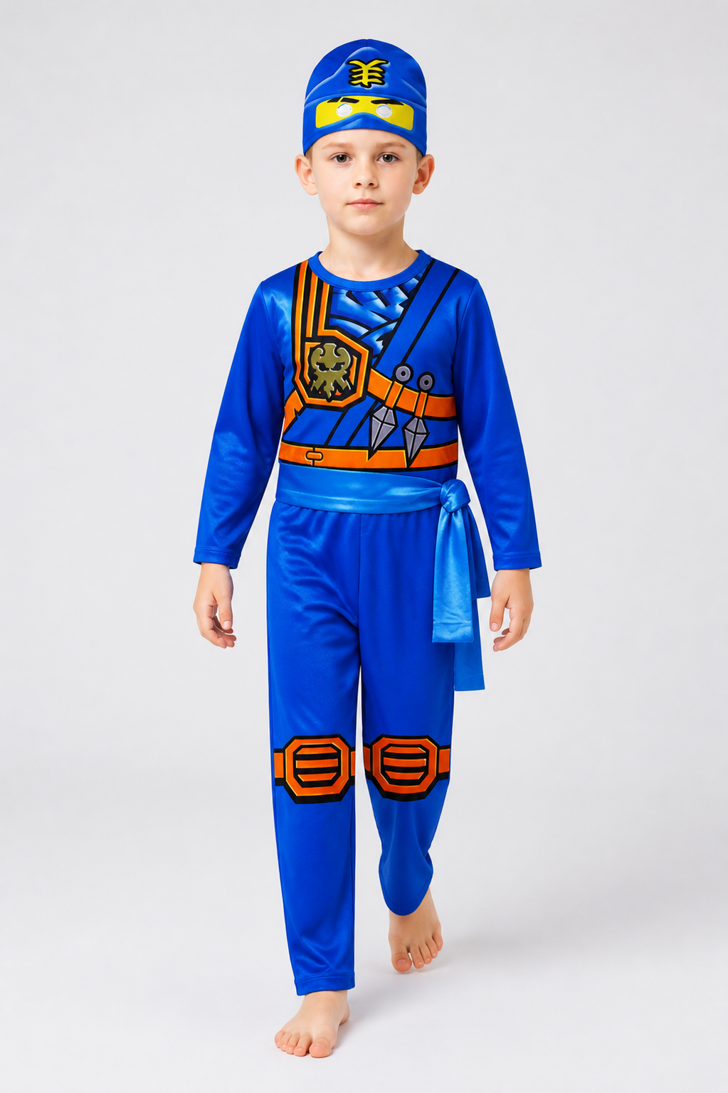 Blue Ninja Jumpsuit with Mask and Orange Belt Costume Masks detail 2