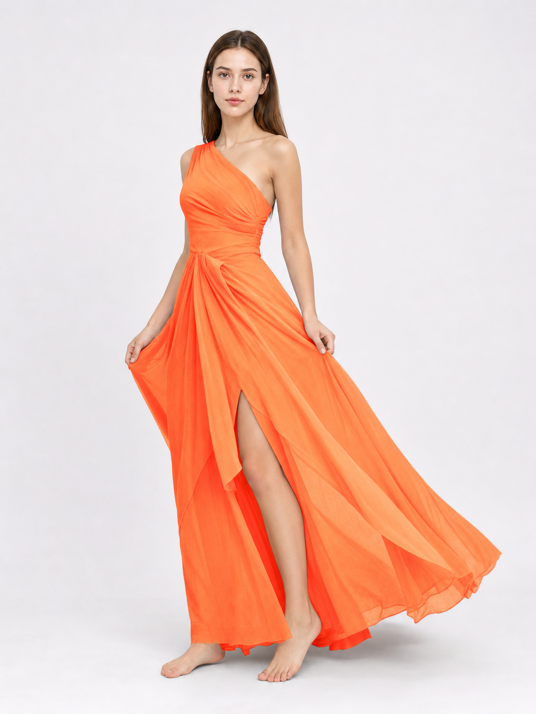Asymmetrical One-Shoulder Maxi Dress, Orange