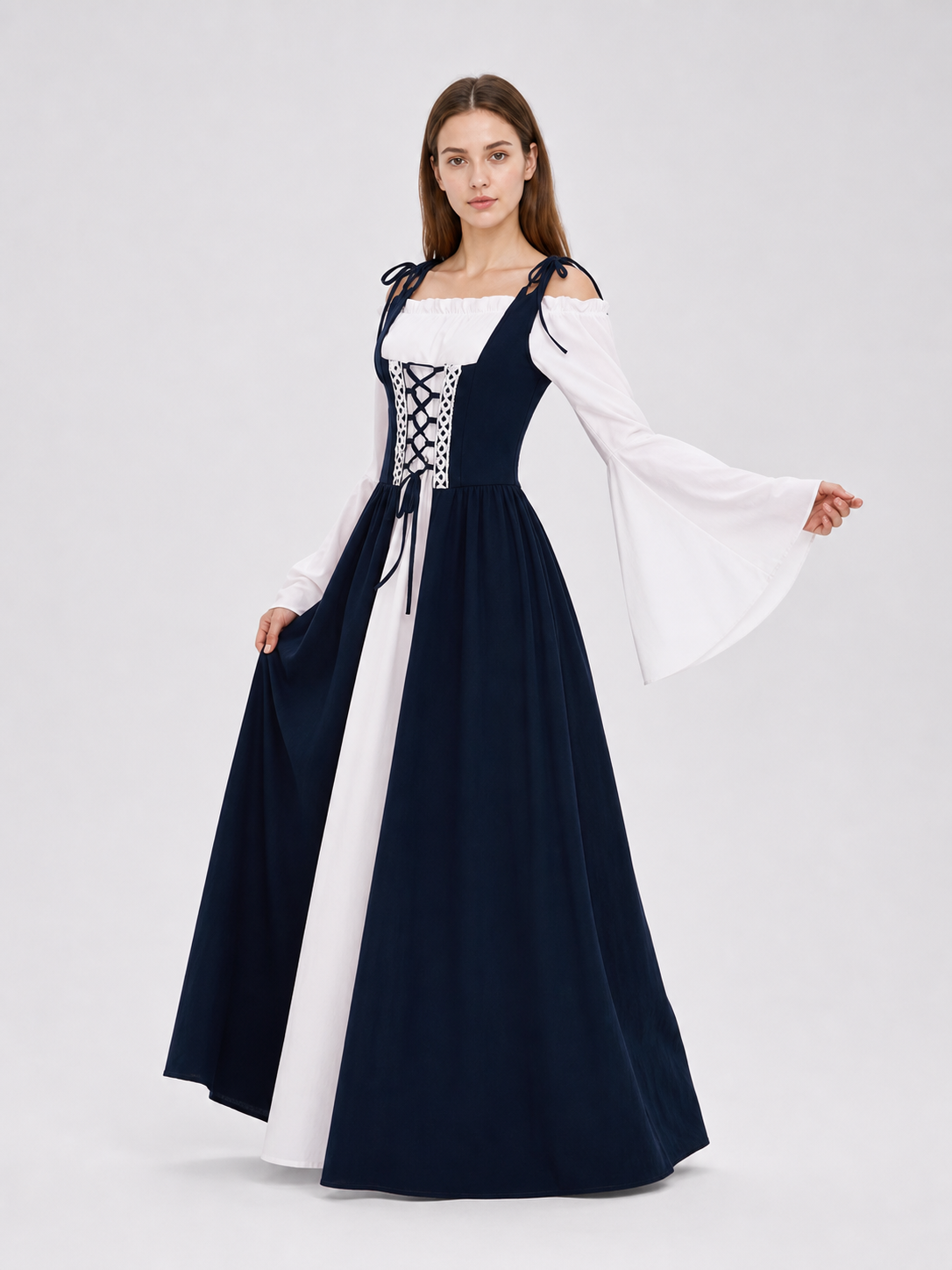 Renaissance-style dress with corset lacing and wide sleeves