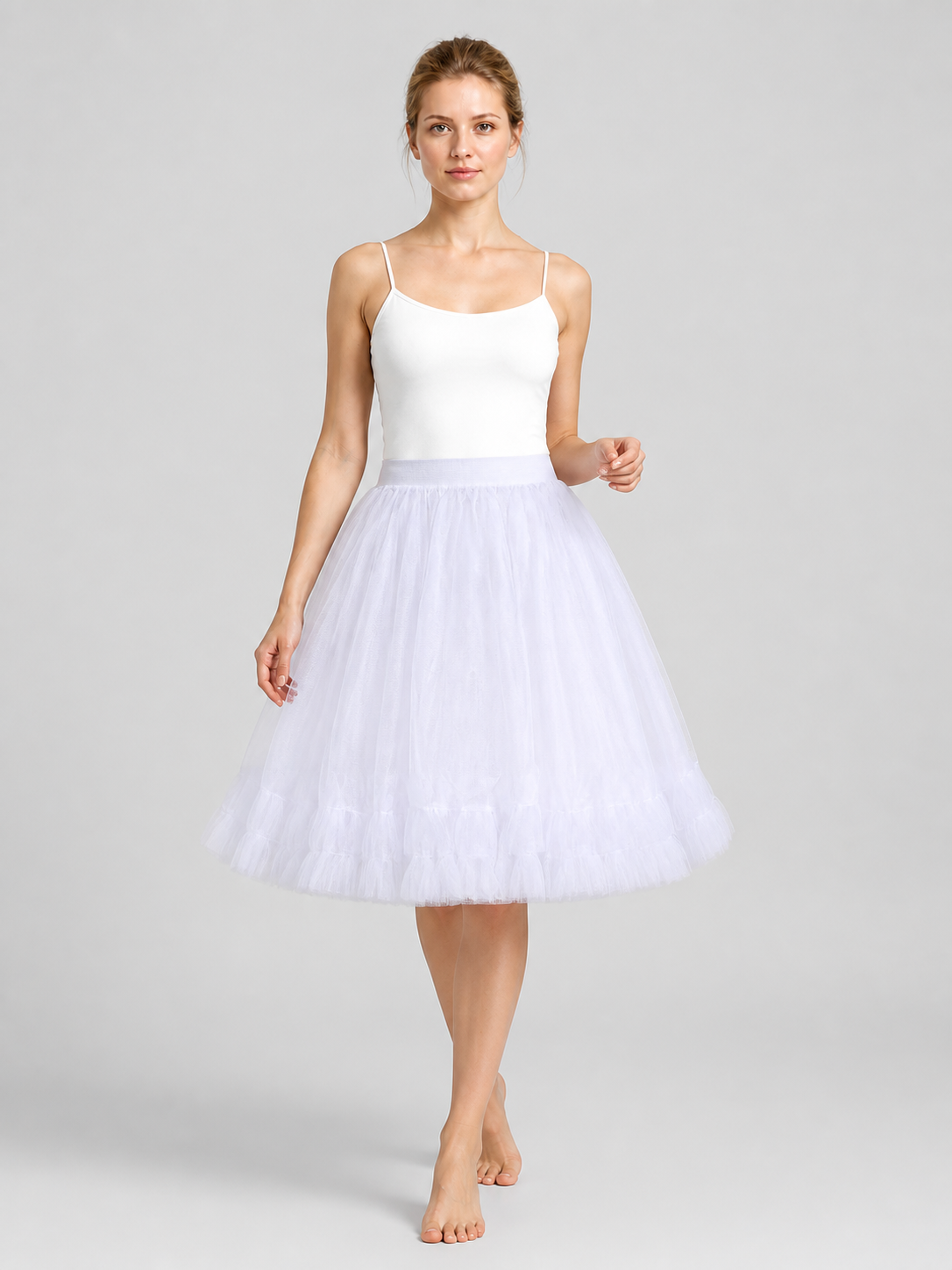 White Layered Tutu Skirt with Elastic Waistband and Ruffles product detail 2