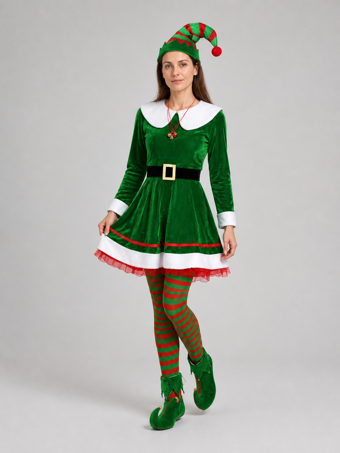 Christmas Elf Costume: Dress, Belt, Knee-High Socks, Hat Costume Dresses detail 2
