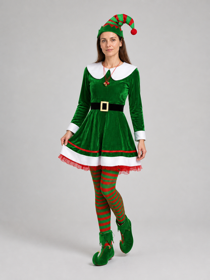 Christmas Elf Costume: Dress, Belt, Knee-High Socks, Hat Costume Dresses detail 2