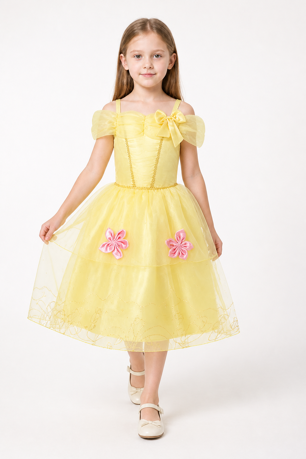 Light Yellow Carnival Dress with a Bow and Flowers Costume Dresses detail 2