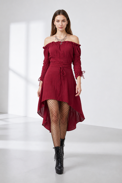 Burgundy Off-the-Shoulder Dress with an Asymmetrical Hem Costume Dresses detail 2