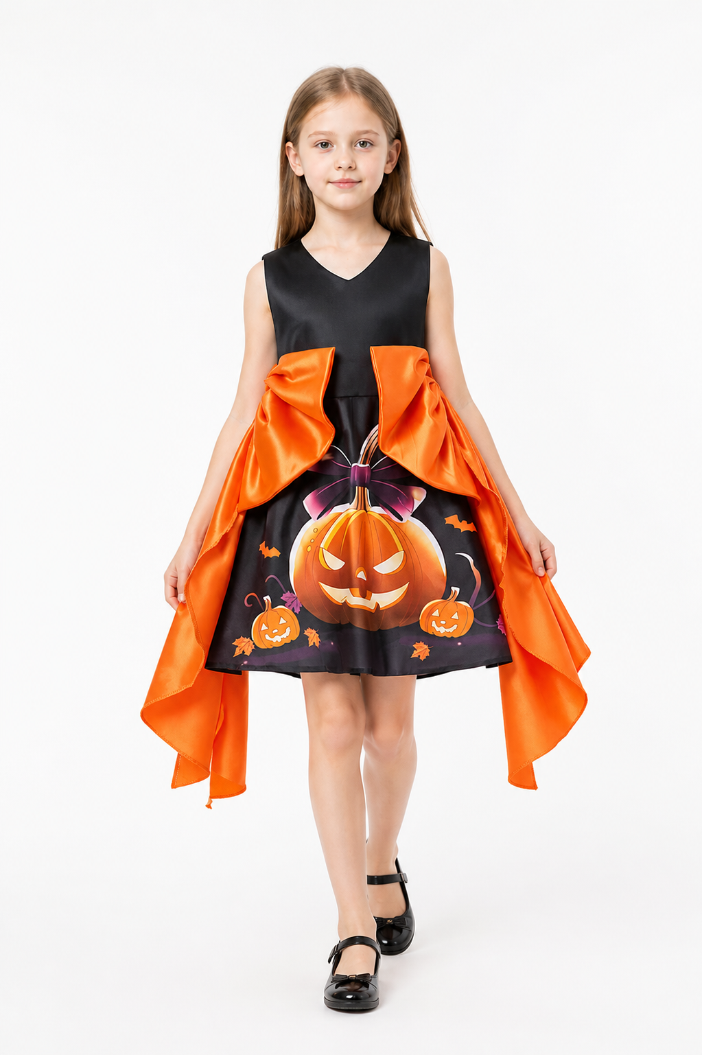 Halloween Cape Dress with Pumpkin Print on-model alternate view