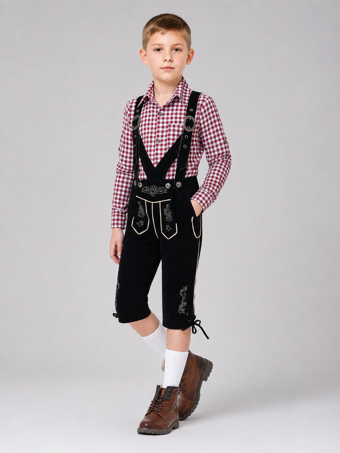 Costume with Suspenders and a Plaid Shirt