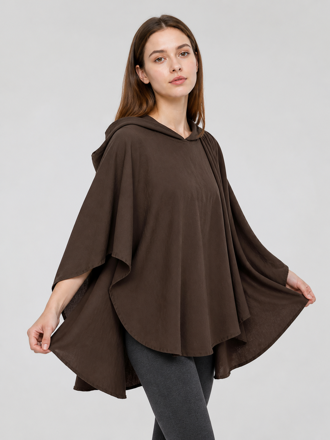 Women's Hooded Wanderer Cloak Costume with Layered Hem, Shoulder Draped Pleats