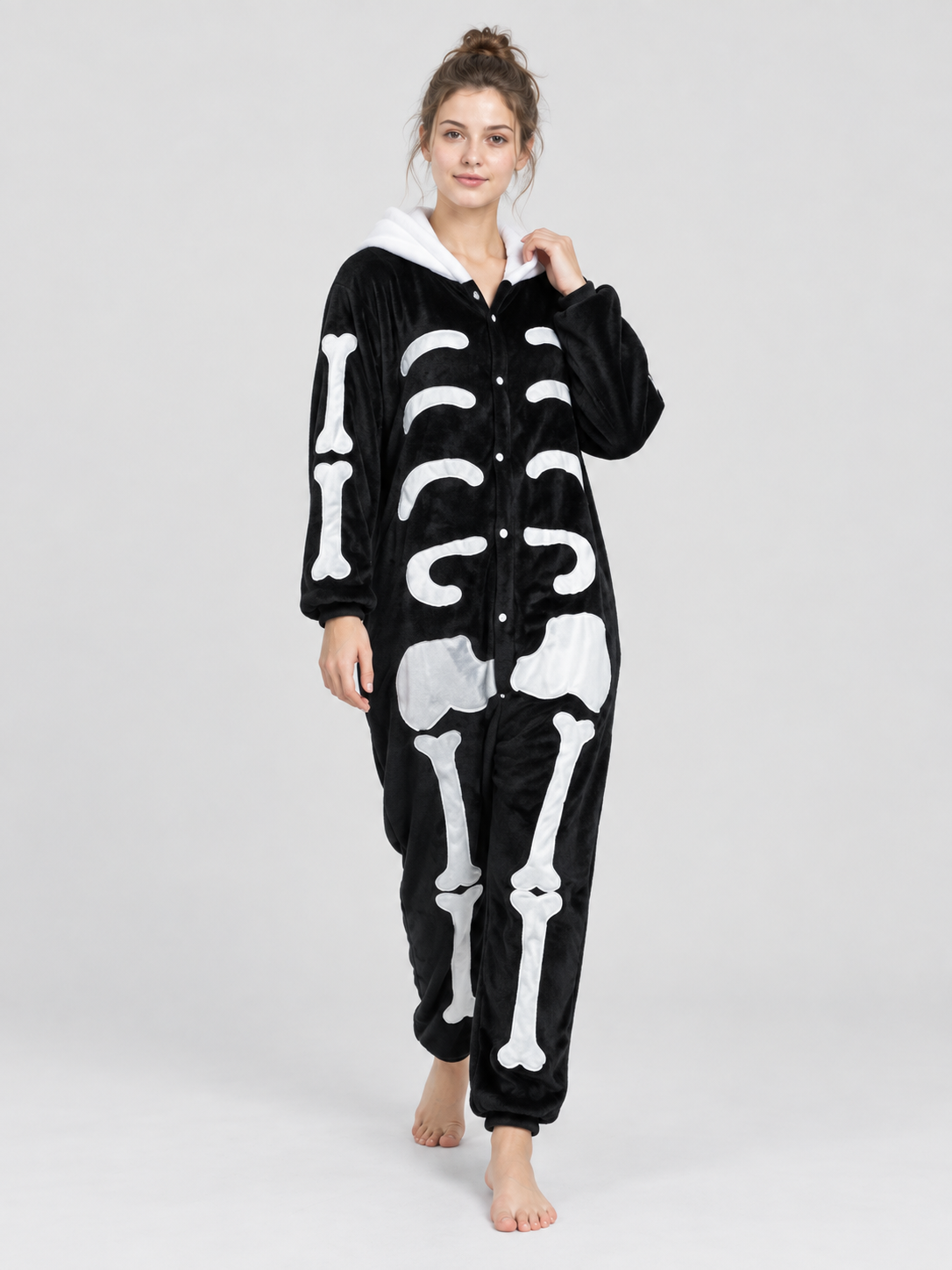 Pajama Jumpsuit with White Hood and Bone Print